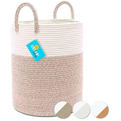 OrganiHaus XXL Rope Woven Laundry Basket | Laundry Hamper Basket for Blankets | Nursery Hamper Basket | Baby Laundry Basket White | Large Basket for Scandinavian Home Decor (15x18) - Brown Basket