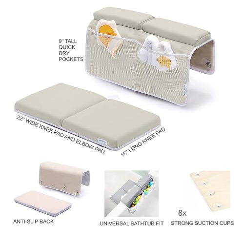 Bath Kneeler with Elbow Rest Pad Set, 1.75 inch Thick Kneeling Pad and Elbow Support for Knee Arm Support, Large Bathtub Kneeling Mat with Toy Organizer for Happy Baby Bathing Time, Beige - Large (Pack of 1)