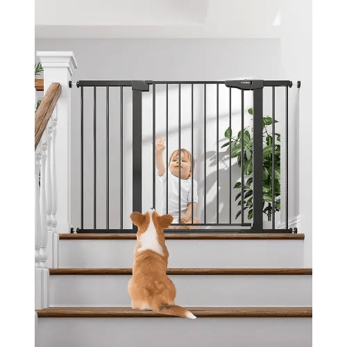 Cumbor 29.7-48" Baby Gate for Stairs, Mom's Choice Awards Winner-Dog Gate for Doorways, Auto Close Safety Pet Gate for Dogs Indoor, Easy Install Pressure Mounted Child Gate with Walk Thru Door, Black