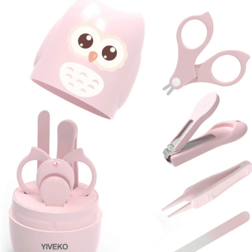 Baby Nail Kit, 4-in-1 Baby Nail Care Set with Cute Case, Baby Nail Clippers, Scissors, Nail File & Tweezers, Baby Manicure Kit and Pedicure kit for Newborn, Infant, Toddler, Kids-Owl Pink