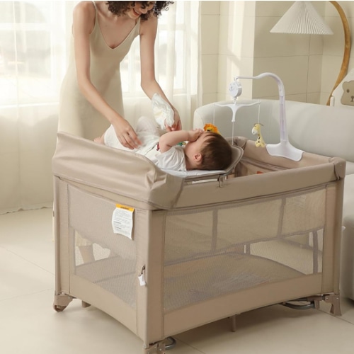 5 in 1 Pack and Play, Baby Bassinet Bedside Sleeper, Baby Playard, Bedside Crib with Changing Table, Foldable Travel Playard for Newborn to Toddles (Beige)