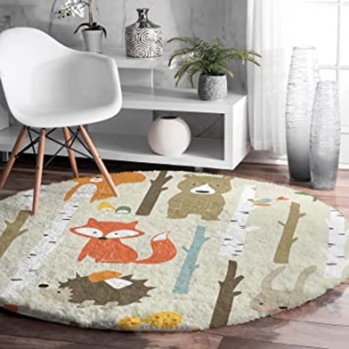 Shag Area Rug, 3ft Indoor Round Area Rugs- Cartoon Bunny Bear Fox Animal Forest Shaggy Carpet Nursery Rug for Kids Baby Bedroom Living Room Home Decor