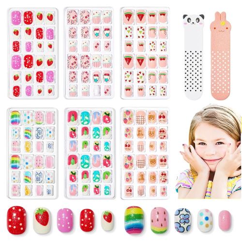 Modelones Press on Nails for Kids 144Pcs 6 Pack Children Acrylic Fake Nails Pre-glue Full Cover Glitter Gradient Color Ice-Cream Fruit Short False Nail Art Kits Sets Easter Gifts for Kids Girls