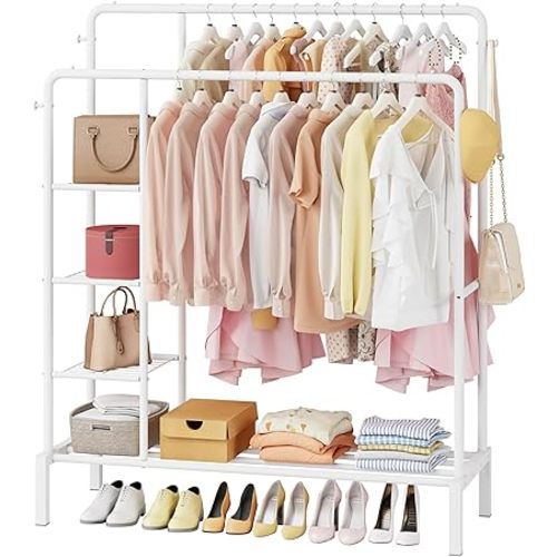 JOISCOPE 47'' * 65'' Heavy Duty Clothes Rack, Double Rods Clothing Racks for Hanging Clothes, Garment Rack with 4 Tier Closet Shelves & 4 Hooks for Clothing Storage, Metal White Clothing Rack