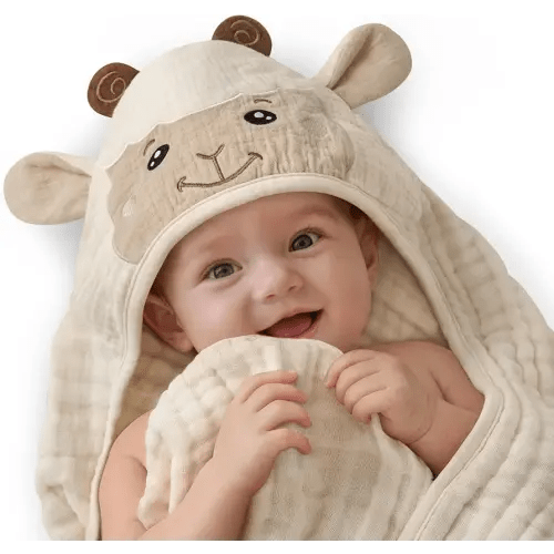 Blissful Diary Muslin Baby Hooded Towel 1 Pack, Soft & Absorbent Bath Towel for Infant, Toddler, Unisex, Baby Gift, Newborn Essentials, Gentle Lamb