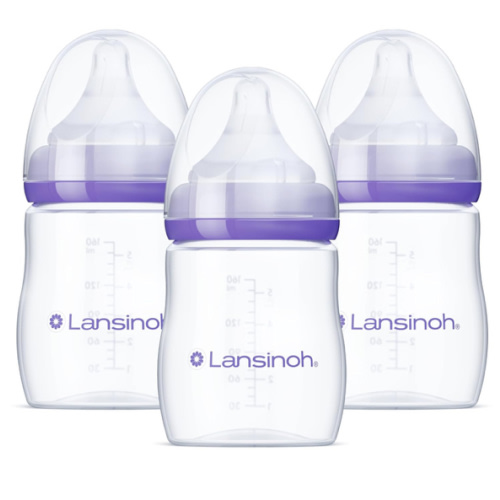 Lansinoh Anti-Colic Bottles for Breastfeeding, Bottle Feeding, or Supplementing, 5oz, 3-Pack, Natural M Flow Bottle Nipples