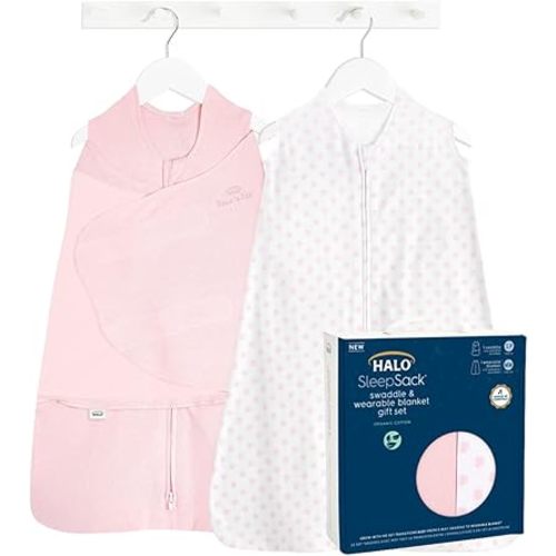 HALO Sleepsack Swaddle 3-6 Months and Wearable Blanket 6-12 Months 100% Organic Cotton 2-Piece Gift Set with Box, TOG 1.5, Strawberry