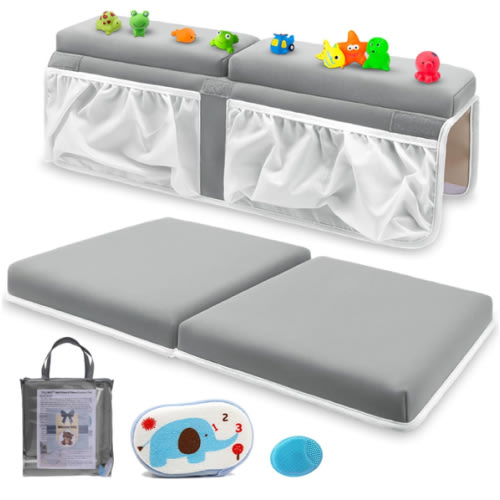 Bath Kneeler and Elbow Rest Pad Set for Baby Bathtub, Thick Non-Slip Bathing Kneeling Mat Cushion Quick Drying Bathtub Knee Saver with Arm Support and Pockets for Bathroom Bathing time Comfort, Gray