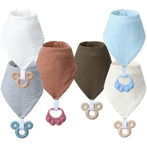 Baby Teething Bibs 6-Pack with Attachable Teether - 100% Organic Cotton, Super Absorbent & Soft Drool Bibs