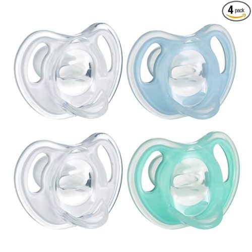 Tommee Tippee Ultra-Light Silicone Pacifier, 0-6 Months, Symmetrical One-Piece Design, BPA-Free Silicone Binkies, Clear/Blue/Green, Pack of 4