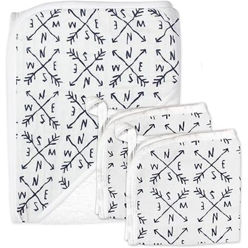 HonestBaby 3-Piece Organic Cotton Hooded Towel & Washcloth Set, Compass, One Size