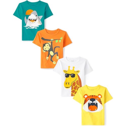 The Children's Place Baby Boys and Toddler Dinos,Animals,Cars Short Sleeve Graphic T-Shirts,4 Pack