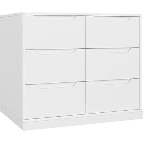 HOSTACK Cómoda moderna de 6 cajones para dormitorio, cómoda doble con almacenamiento, organizador grande de madera con asas recortadas, armario de almacenamiento para sala de estar, entrada, color