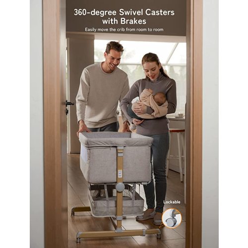 Baby Bassinet Bedside Sleeper, besrey Bedside Bassinet for Newborn Infant with Comfy Mattress, 9 Height Positions, Adjustable Bedside Crib with 360° Swivel Wheels Bassinet for Baby with Storage Basket - Warm Grey