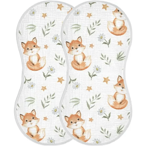 Kigai Baby Burp Cloths 2 Pack- Fox Baby Cartoon Super Absorbent and Soft Burping Rags - Cotton Burp Clothes Set for Boys and Girls