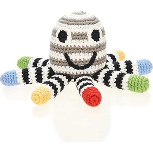 Pebble 200-099BW Fair Trade Hand Made Crochet Octopus Rattle - Black & White