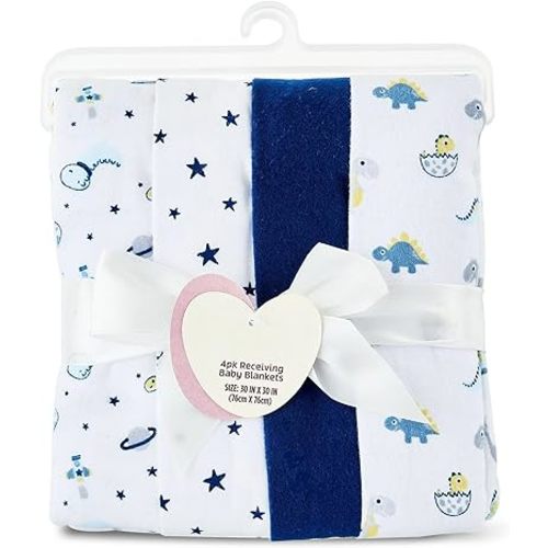 4 Piece Cotton Flannel Receiving Blankets for Baby – Blue Dinosaur, Baby Blanket Boy, Neutral Receiving Blankets 30x30.