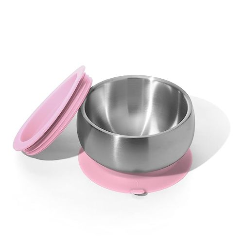 Avanchy Baby Bowls with Suction and Storage Lids Set. Babies Kids Toddler Boys Girl First Food Feeding. Fits Feeding High Chair Table. Stainless Steel, Pink