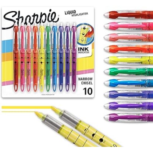 Sharpie Liquid Highlighter, Chisel Tip Highlighters, Journaling Supplies, Study Supplies, Assorted Colored Highlighters, 10 Count