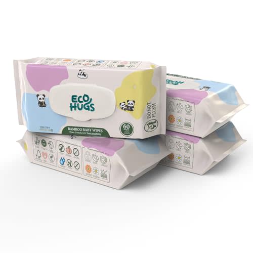 EcoHugs Unbleached Organic Bamboo Baby Wipes, with Aloe, Vitamin E, and Calendula, Hypoallergenic and Unscented, for Sensitive Skin, 240 Wipes (4 Packs)