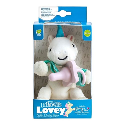 Dr. Brown's Baby Lovey Pacifier and Teether Holder, Unicorn with Pink HappyPaci, 100% Silicone, 0-6m (Packaging May Vary)