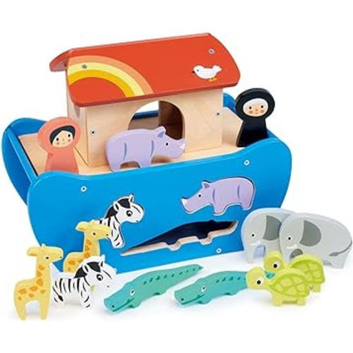 mentari Wooden Shape Sorting Animal Ark Sorting Set with Boat, Noah, and a Variety of Animals, 9.65-inch Length, Imaginative Play
