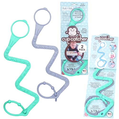 Brilli Baby Cup Catcher - Patented Safety Tether to attach Sippy Cups, Bottles, Toys & Pacifiers to Strollers, High Chairs & Car Seats, Made in USA, FDA grade, Dishwasher Safe 2 Pack (Lavender, Aqua)
