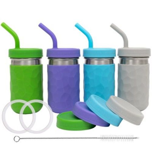 WeeSprout 2-in-1 Drinking Cups for Kids, Durable Stainless Steel Tumblers - 12 oz, Set of 4 (Bright Blue, Green, Purple, Gray)