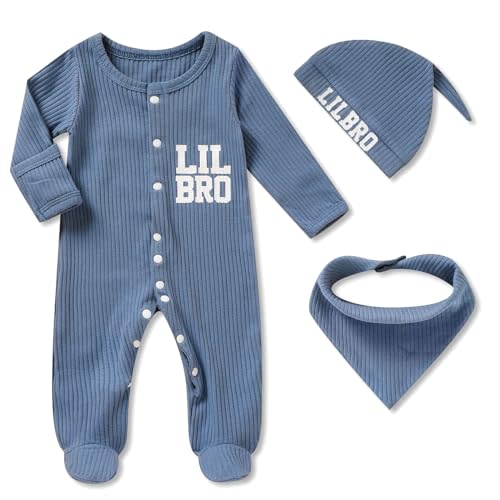 ZOELNIC Newborn Infant Baby Boy Coming Homing Clothes Letter Print Button Knit Footed Romper Jumpsuit Hat Bibs 3pcs Outfit