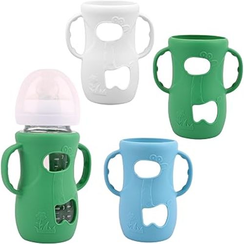 3 Pack Silicone Sleeves for Avent Natural Glass Baby Bottles, Anti Breakage Baby Bottle Sleeves with Handles, Compatible Philips Avent Glass Natural Baby Bottle 8 oz(White+Green+Blue)