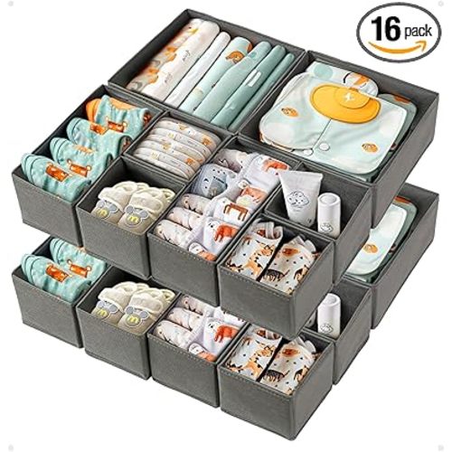 16 Pack Drawer Organizer for Baby Clothes, Nursery Drawer Organizer for Baby Diaper, Collapsible Deep Fabric Drawer Organizer with Zipper for Socks, Bra, Towels, Ties, Grey - 16pack - GREY