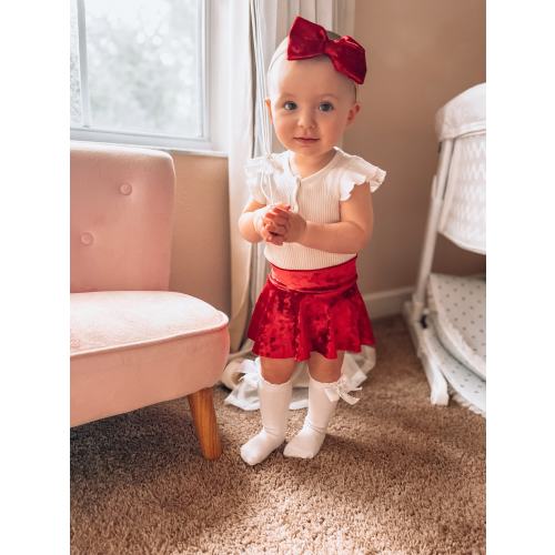 Skirted Baby Bummies, Red Velvet Christmas Skirt for Baby,Matching Dress Bow set,Baby Girl Christmas Dress, Baby girl gift, Christmas Outfit