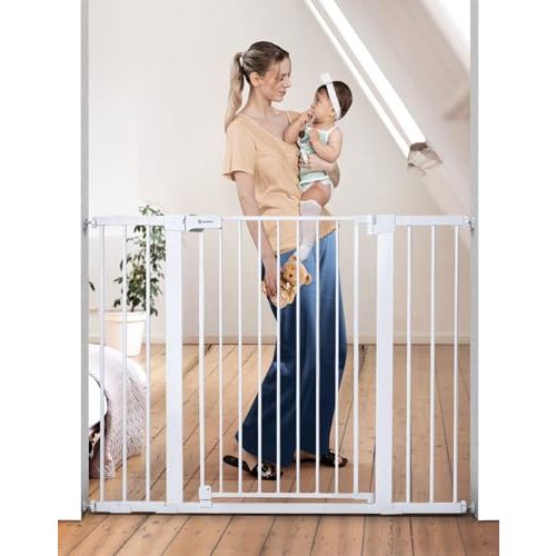 COMOMY 36" Extra Tall Baby Gate for Stairs Doorways, Fits Openings 29.5" to 48.8" Wide, Auto Close Extra Wide Dog Gate for House, Pressure Mounted Easy Walk Through Pet Gate with Door, White