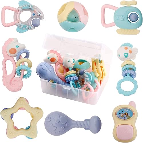 WISHTIME Baby Rattle Toys for Newborns - Baby Toys Rattles and Teethers for Girls Boys 0-3-6-9-12 Months - Baby Rattle Set 8pcs - Infant Rattle Teething Toys ¨C Developmental Sensory Toys for Babies