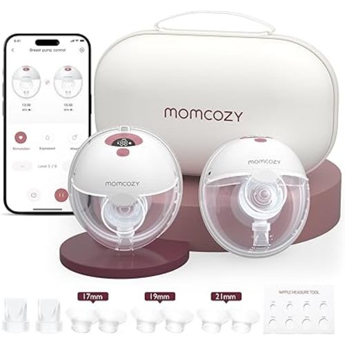 Momcozy M5 Smart App Control Hands Free Breast Pump, Double Wearable Breast Pump of Baby Mouth Double-Sealed Flange with 3 Modes & 9 Levels, Electric Pump Portable - 24mm, 2 Pack, Cozy Red