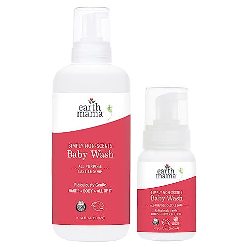 Earth Mama Simply Non-Scents Baby Wash Foaming Hand Soap Refill, Organic All-Purpose Body Wash for Sensitive Skin, Castile Soap with Coconut Oil, Shea Butter, Calendula, & Aloe, 5.3floz & Liter Refill