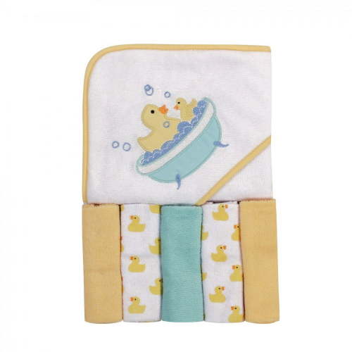 Luvable Friends Baby Unisex Hooded Towel with Five Washcloths, Bathtime Duck, One Size