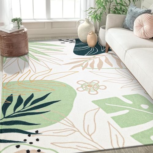 Washable Area Rug 5x7 Non-Slip Green Boho Rug for Bedroom Cute Soft Throw Kids Nursery Rug, Low Pile Abstract Plant Print Soft Floor Carpet for Bedroom Nursery Classroom Living Room