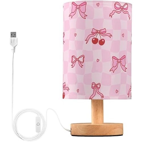 Bedside Table Lamp Pink Bow Cherry Checkered Nightstand Lamp with Wood Desk Lamps for Bedroom Living Room Nursery Office Home Decor