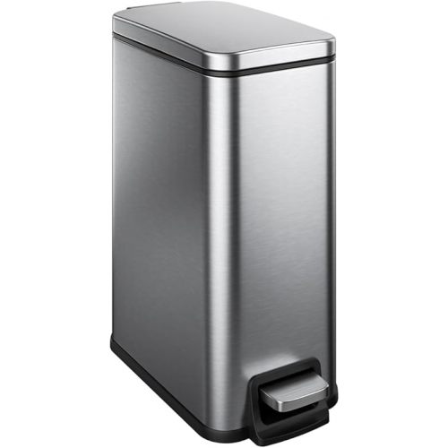 Slim Bathroom Trash Can with Soft Close Lid, 1.6 Gallon Stainless Steel Garbage Can with Removable Inner Bucket, Durable Step Pedal, Small Trash Bins for Toilet, Bedroom, Kitchen, Office