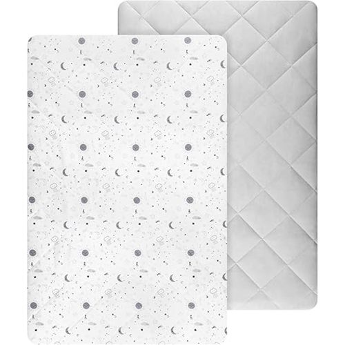 TILLYOU Pack and Play Sheets Pad 2 Pack - Waterproof Play Yard Playpen Sheets Pad, Soft Quilted Sheets with 1''-3'' Deep Pocket, Breathable and Fluffy, The Little Sun Print & Light Grey