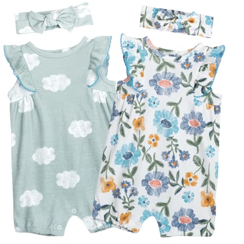 Minicoco Baby Girls Ruffled Sleeve Rompers Set of 2, 6-9 Months