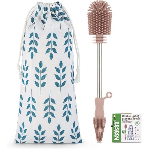 haakaa Cleaning Brush Silicone Bottle Brush Double-Ended Soft Silicone Bristles for Breast Pumps, Breast Milk Collectors, Baby Bottles, Teats, Breastmilk Storage Bags, Detachable - Pink -1pk
