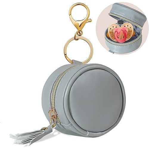 Smlpuame Pacifier Holder Case with Clip,PU Leather Pacifier Charm pod with Clasp for Diaper Bag or Purse,Pacifier Pouch Hold 2 Pacifiers,Nipple Shield Case,Outdoor Travel Accessories(Grey)
