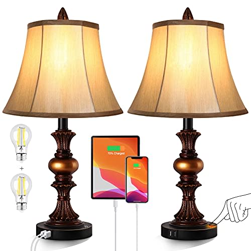Touch Control Traditional Table Lamp Set of 2, Vintage Bedside Lamps with Dual USB Charging Ports, 3-Way Dimmable Bronze Finish Desk Lamps with Bell Shape Faux Silk Shade for Living Room, Bedroom