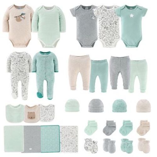 The Peanutshell Restful Basics Newborn Layette Set for Baby Boys and Girls, 30-Pieces, Green/Grey, 0-3 Months