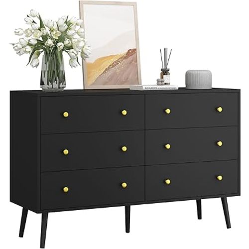 Dresser for Bedroom with 6 Drawers, Double Wood Dresser with Gold Handles, Modern Mid Century Chest of Drawers for Living Room, Hallway, Black