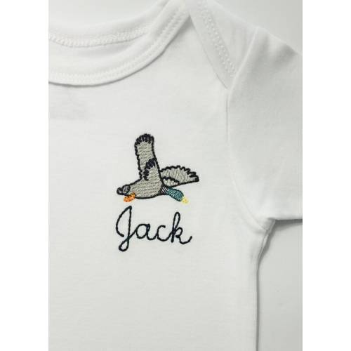Embroidered personalized baby duck ONESIES® Brand bodysuit, embroidered baby mallard bodysuit, baby duck bodysuit, flying mallard bodysuit