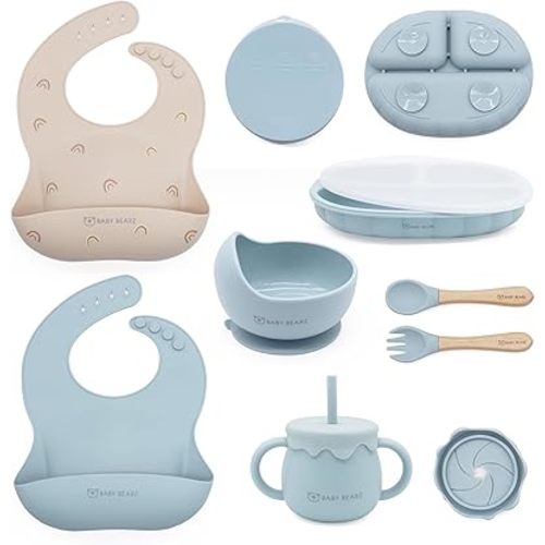Silicone Baby Feeding Set 6+ Months Baby Led Weaning Utensils with Adjustable Bibs, Suction Bowl, Suction Plate, Baby Spoon and Fork, Snack Cup with Straw and Lid (Blue)