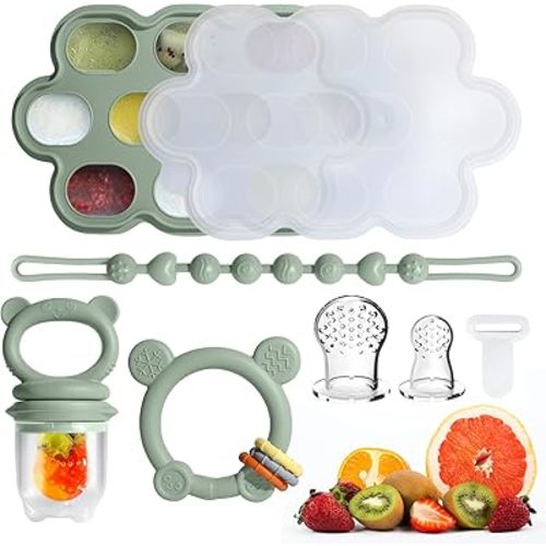 Baby Fruit Food Feeder & Breastmilk Popsicle Molds for Teething Relief, Baby Feeding Sets, 1 Freezer Tray with Lid & 1 Teether Toy & 1 Silicone Teething Pacifier Feeder, Extra Food Pouches (Green)